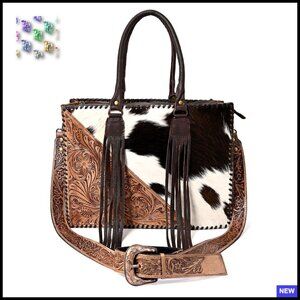 Genuine Cowhide Leather Handbag Adjustable Strap Boho Chic Vintage Western